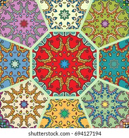 Vector patchwork quilt pattern. Vintage decorative elements. Hand drawn background. Indian, Arabic, Turkish motifs for printing on fabric or paper. Abstract colorful doodle pattern in mosaic style