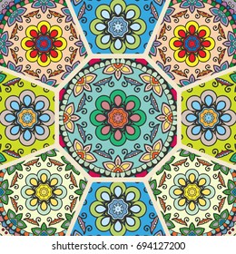 Vector patchwork quilt pattern. Vintage decorative elements. Hand drawn background. Indian, Arabic, Turkish motifs for printing on fabric or paper. Abstract colorful doodle pattern in mosaic style