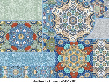 Vector patchwork quilt pattern. Vintage decorative elements. Hand drawn background. Indian, Arabic, Turkish motifs for printing on fabric or paper. Abstract colorful doodle pattern in mosaic style