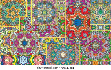 Vector patchwork quilt pattern. Vintage decorative elements. Hand drawn background. Indian, Arabic, Turkish motifs for printing on fabric or paper. Abstract colorful doodle pattern in mosaic style
