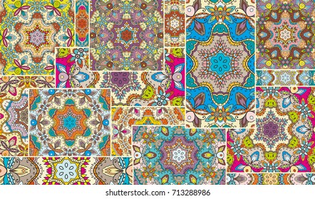 Vector patchwork quilt pattern. Vintage decorative elements. Hand drawn background. Indian, Arabic, Turkish motifs for printing on fabric or paper. Abstract colorful doodle pattern in mosaic style