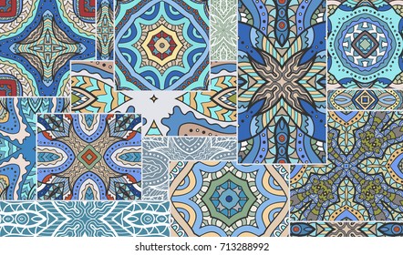 Vector patchwork quilt pattern. Vintage decorative elements. Hand drawn background. Indian, Arabic, Turkish motifs for printing on fabric or paper. Abstract colorful doodle pattern in mosaic style