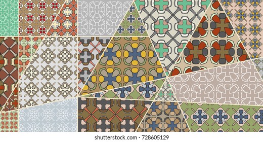 Vector patchwork quilt pattern. Vintage decorative elements. Hand drawn background. Indian, Arabic, Turkish motifs for printing on fabric or paper. Abstract colorful doodle pattern in mosaic style