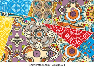 Vector patchwork quilt pattern. Vintage decorative elements. Hand drawn background. Indian, Arabic, Turkish motifs for printing on fabric or paper. Abstract colorful doodle pattern in mosaic style
