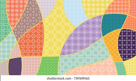 Vector patchwork quilt pattern. Vintage decorative elements. Hand drawn background. Indian, Arabic, Turkish motifs for printing on fabric or paper. Abstract colorful doodle pattern in mosaic style