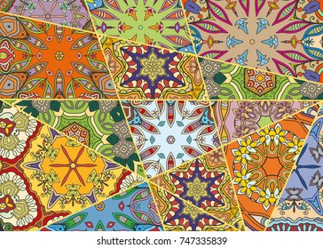Vector patchwork quilt pattern. Vintage decorative elements. Hand drawn background. Indian, Arabic, Turkish motifs for printing on fabric or paper. Abstract colorful doodle pattern in mosaic style