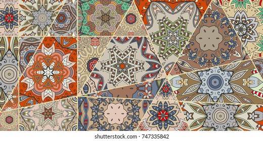 Vector patchwork quilt pattern. Vintage decorative elements. Hand drawn background. Indian, Arabic, Turkish motifs for printing on fabric or paper. Abstract colorful doodle pattern in mosaic style