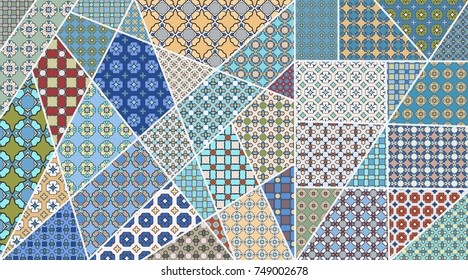 Vector patchwork quilt pattern. Vintage decorative elements. Hand drawn background. Indian, Arabic, Turkish motifs for printing on fabric or paper. Abstract colorful doodle pattern in mosaic style