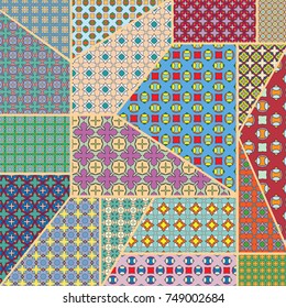 Vector patchwork quilt pattern. Vintage decorative elements. Hand drawn background. Indian, Arabic, Turkish motifs for printing on fabric or paper. Abstract colorful doodle pattern in mosaic style
