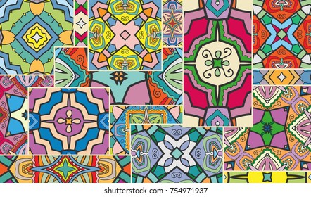 Vector patchwork quilt pattern. Vintage decorative elements. Hand drawn background. Indian, Arabic, Turkish motifs for printing on fabric or paper. Abstract colorful doodle pattern in mosaic style