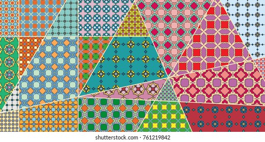 Vector patchwork quilt pattern. Vintage decorative elements. Hand drawn background. Indian, Arabic, Turkish motifs for printing on fabric or paper. Abstract colorful doodle pattern in mosaic style