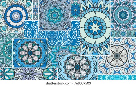 Vector patchwork quilt pattern. Vintage decorative elements. Hand drawn background. Indian, Arabic, Turkish motifs for printing on fabric or paper. Abstract colorful doodle pattern in mosaic style