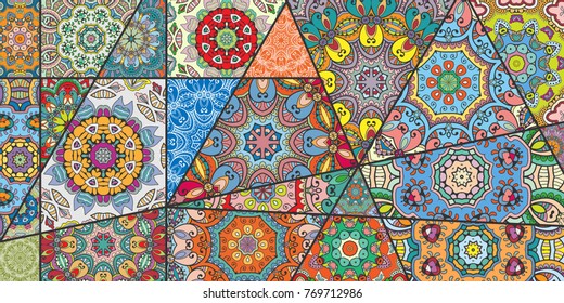 Vector patchwork quilt pattern. Vintage decorative elements. Hand drawn background. Indian, Arabic, Turkish motifs for printing on fabric or paper. Abstract colorful doodle pattern in mosaic style