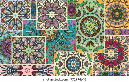 Vector patchwork quilt pattern. Vintage decorative elements. Hand drawn background. Indian, Arabic, Turkish motifs for printing on fabric or paper. Abstract colorful doodle pattern in mosaic style