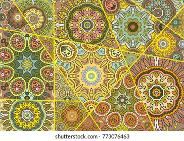 Vector patchwork quilt pattern. Vintage decorative elements. Hand drawn background. Indian, Arabic, Turkish motifs for printing on fabric or paper. Abstract colorful doodle pattern in mosaic style