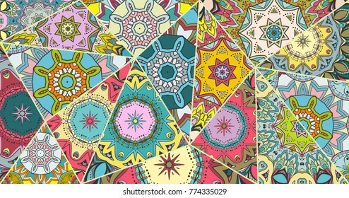 Vector patchwork quilt pattern. Vintage decorative elements. Hand drawn background. Indian, Arabic, Turkish motifs for printing on fabric or paper. Abstract colorful doodle pattern in mosaic style