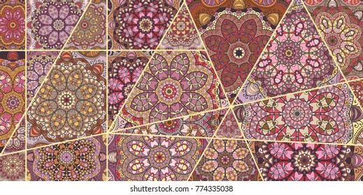 Vector patchwork quilt pattern. Vintage decorative elements. Hand drawn background. Indian, Arabic, Turkish motifs for printing on fabric or paper. Abstract colorful doodle pattern in mosaic style