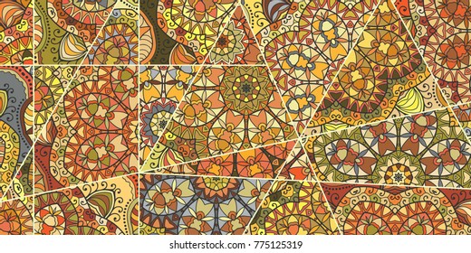 Vector patchwork quilt pattern. Vintage decorative elements. Hand drawn background. Indian, Arabic, Turkish motifs for printing on fabric or paper. Abstract colorful doodle pattern in mosaic style