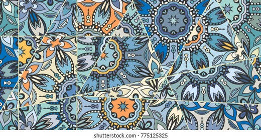 Vector patchwork quilt pattern. Vintage decorative elements. Hand drawn background. Indian, Arabic, Turkish motifs for printing on fabric or paper. Abstract colorful doodle pattern in mosaic style