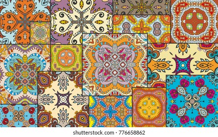 Vector patchwork quilt pattern. Vintage decorative elements. Hand drawn background. Indian, Arabic, Turkish motifs for printing on fabric or paper. Abstract colorful doodle pattern in mosaic style