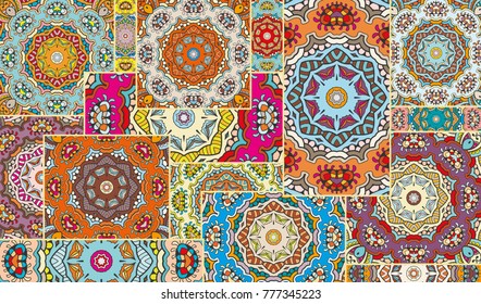 Vector patchwork quilt pattern. Vintage decorative elements. Hand drawn background. Indian, Arabic, Turkish motifs for printing on fabric or paper. Abstract colorful doodle pattern in mosaic style