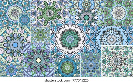 Vector patchwork quilt pattern. Vintage decorative elements. Hand drawn background. Indian, Arabic, Turkish motifs for printing on fabric or paper. Abstract colorful doodle pattern in mosaic style