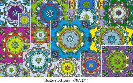 Vector patchwork quilt pattern. Vintage decorative elements. Hand drawn background. Indian, Arabic, Turkish motifs for printing on fabric or paper. Abstract colorful doodle pattern in mosaic style