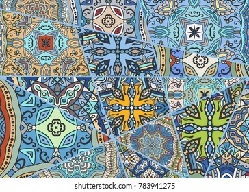Vector patchwork quilt pattern. Vintage decorative elements. Hand drawn background. Indian, Arabic, Turkish motifs for printing on fabric or paper. Abstract colorful doodle pattern in mosaic style