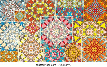 Vector patchwork quilt pattern. Vintage decorative elements. Hand drawn background. Indian, Arabic, Turkish motifs for printing on fabric or paper. Abstract colorful geometric pattern in mosaic style