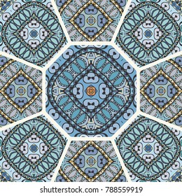 Vector patchwork quilt pattern. Vintage decorative elements. Hand drawn background. Indian, Arabic, Turkish motifs for printing on fabric or paper. Abstract colorful doodle pattern in mosaic style