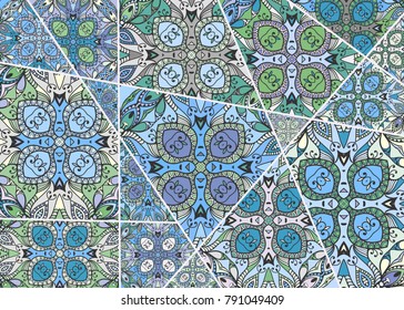 Vector patchwork quilt pattern. Vintage decorative elements. Hand drawn background. Indian, Arabic, Turkish motifs for printing on fabric or paper. Abstract colorful doodle pattern in mosaic style