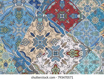 Vector patchwork quilt pattern. Vintage decorative elements. Hand drawn background. Indian, Arabic, Turkish motifs for printing on fabric or paper. Abstract colorful doodle pattern in mosaic style
