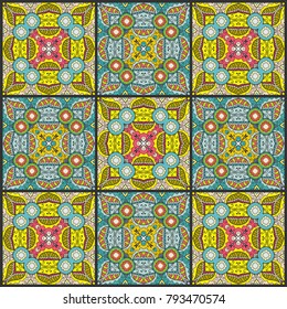 Vector patchwork quilt pattern. Vintage decorative elements. Hand drawn background. Indian, Arabic, Turkish motifs for printing on fabric or paper. Abstract colorful doodle pattern in mosaic style