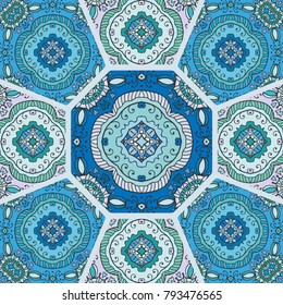 Vector patchwork quilt pattern. Vintage decorative elements. Hand drawn background. Indian, Arabic, Turkish motifs for printing on fabric or paper. Abstract colorful doodle pattern in mosaic style