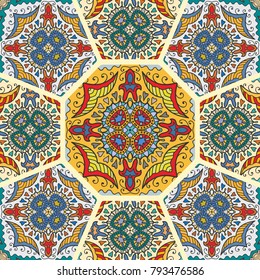 Vector patchwork quilt pattern. Vintage decorative elements. Hand drawn background. Indian, Arabic, Turkish motifs for printing on fabric or paper. Abstract colorful doodle pattern in mosaic style