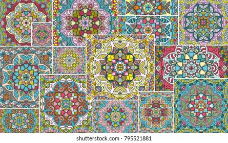 Vector patchwork quilt pattern. Vintage decorative elements. Hand drawn background. Indian, Arabic, Turkish motifs for printing on fabric or paper. Abstract colorful doodle pattern in mosaic style