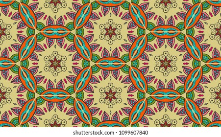 Vector patchwork quilt seamless pattern, geometric folklore embroidery ornament. Hand drawn background. Indian, Arabic, Turkish, Mexican pattern for printing on fabric or paper. Tribal ethnic texture