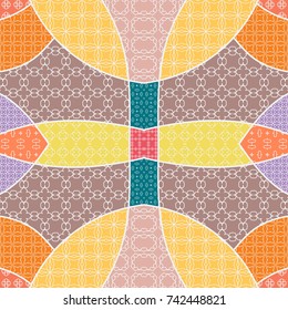Vector patchwork quilt seamless pattern. Vintage decorative elements. Geometric background. Tribal ethnic motif for printing on fabric or paper. Abstract colorful line pattern in mosaic style