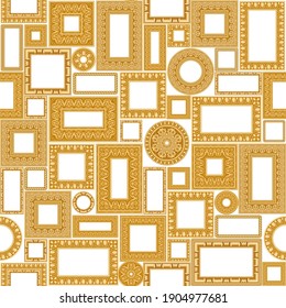 Vector patchwork seamless pattern  from carved golden frames on a white background. Fashionable gold classical Greek egg and leaf borders, Baroque fantasy frieze