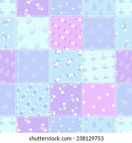 Vector patchwork seamless pattern in the shades of blue, mint and purple with stitched squares of snowflake, mitten, sock, present, cone, fir tree and star patterns winter background country style