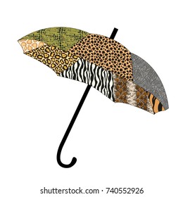 Vector patchwork umbrella with animal print pattern isolated on white background
