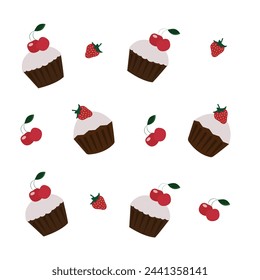 Vector patern with cupcakes and berries.