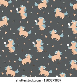 
Vector patern with unicorns on a gray background. Magic unicorns drink tea