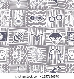 vector patern in vanguard style. eyes, lips, deer, hand, leaves, knife, feather, dj record, note, sunglasses.
