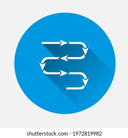 Vector path icon with direction indicator arrow icon on blue background. Flat image with long shadow.