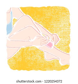 Vector path illustration of a young healthy slim woman who is waxing her legs by hand with a woven wipe, oil and wax.