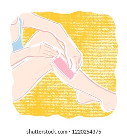 Vector path illustration of a young healthy slim woman who is waxing her legs by hand with a woven wipe, oil and wax.