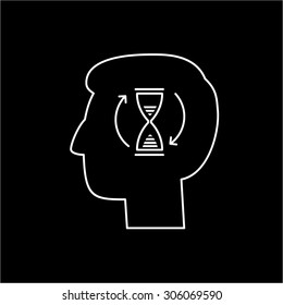 Vector patience skills icon with sand clock in brain | modern flat design soft skills linear illustration and infographic white on black background
