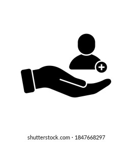 Vector Patient in hand icon, customer in hand with add new symbol on isolated white background for UI/UX and website.