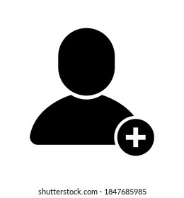 Vector Patient icon, customer with add new symbol on isolated white background for UI/UX and website.